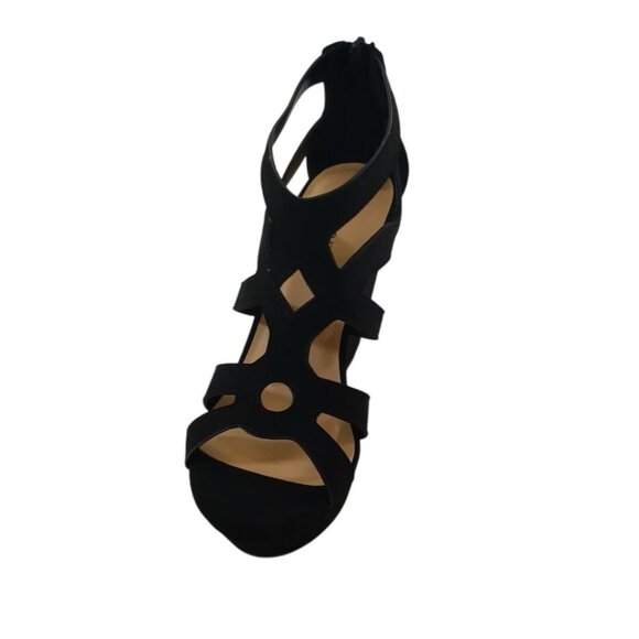 Black Strappy Open-Toe Wedge Sandals With Back Zipper Closure For Women Size 6.5 - Picture 2 of 8